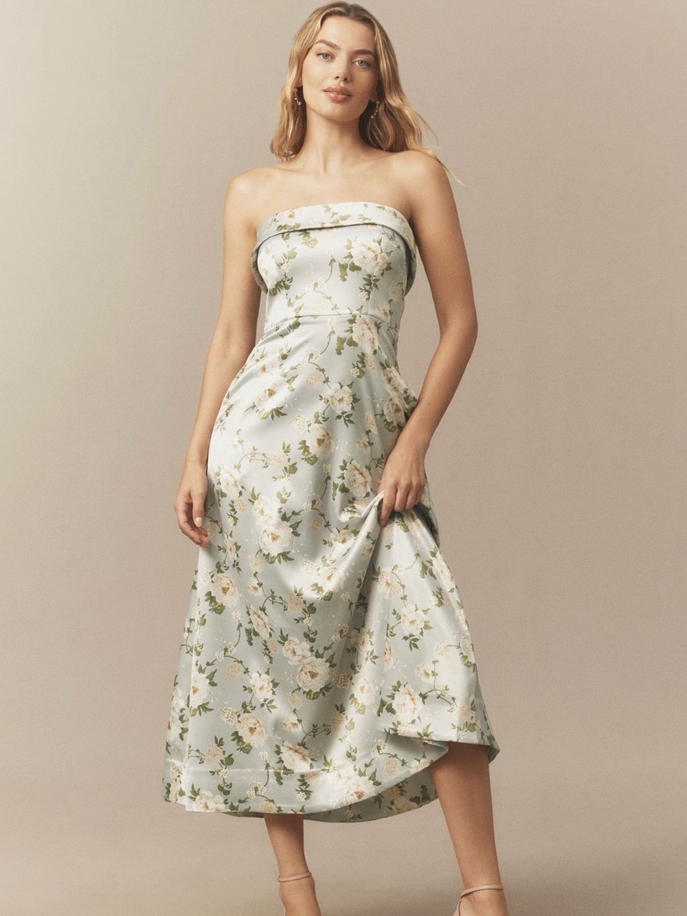 BHLDN Soma Strapless Stretch-Satin Floral Midi Dress in Pale Blue and Cream